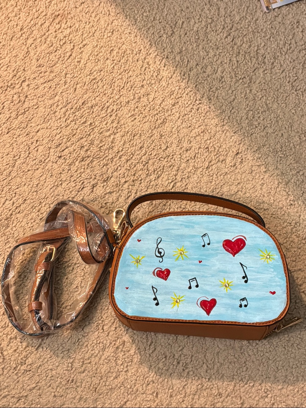 Hand-Painted Brown Crossbody Bag with Pink Accents - Picture 2 of 6